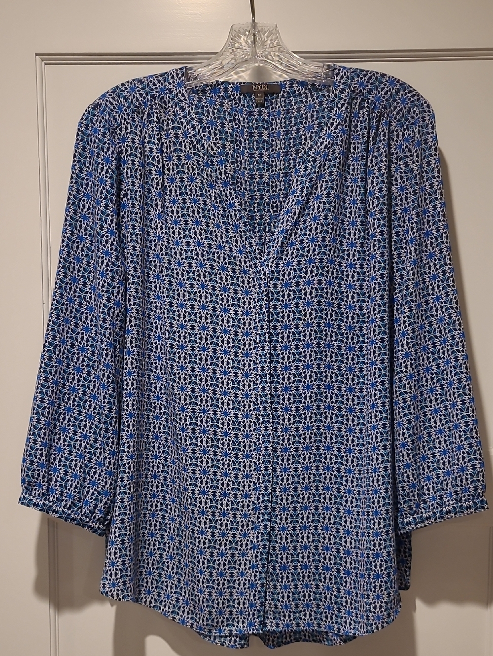 NYDJ Blue and White Geometric V-Neck Blouse
